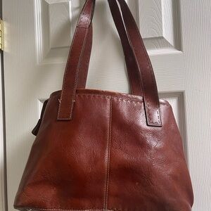 Fossil Sedona Cognac Leather Saddle Bag Boho Bohemian Stitched Satchel Purse